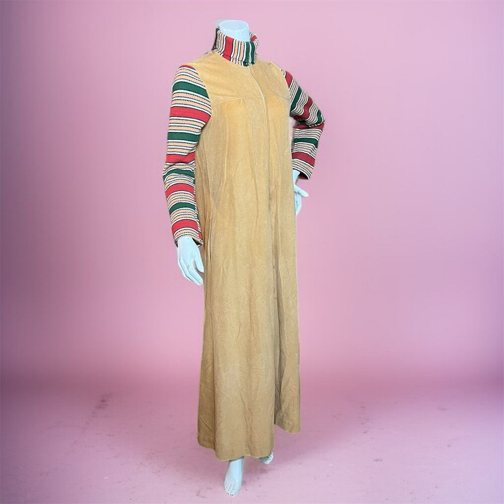 VINTAGE 70s Turtleneck Knit House Dress Size M Maxi Crushed Velvet Periphery